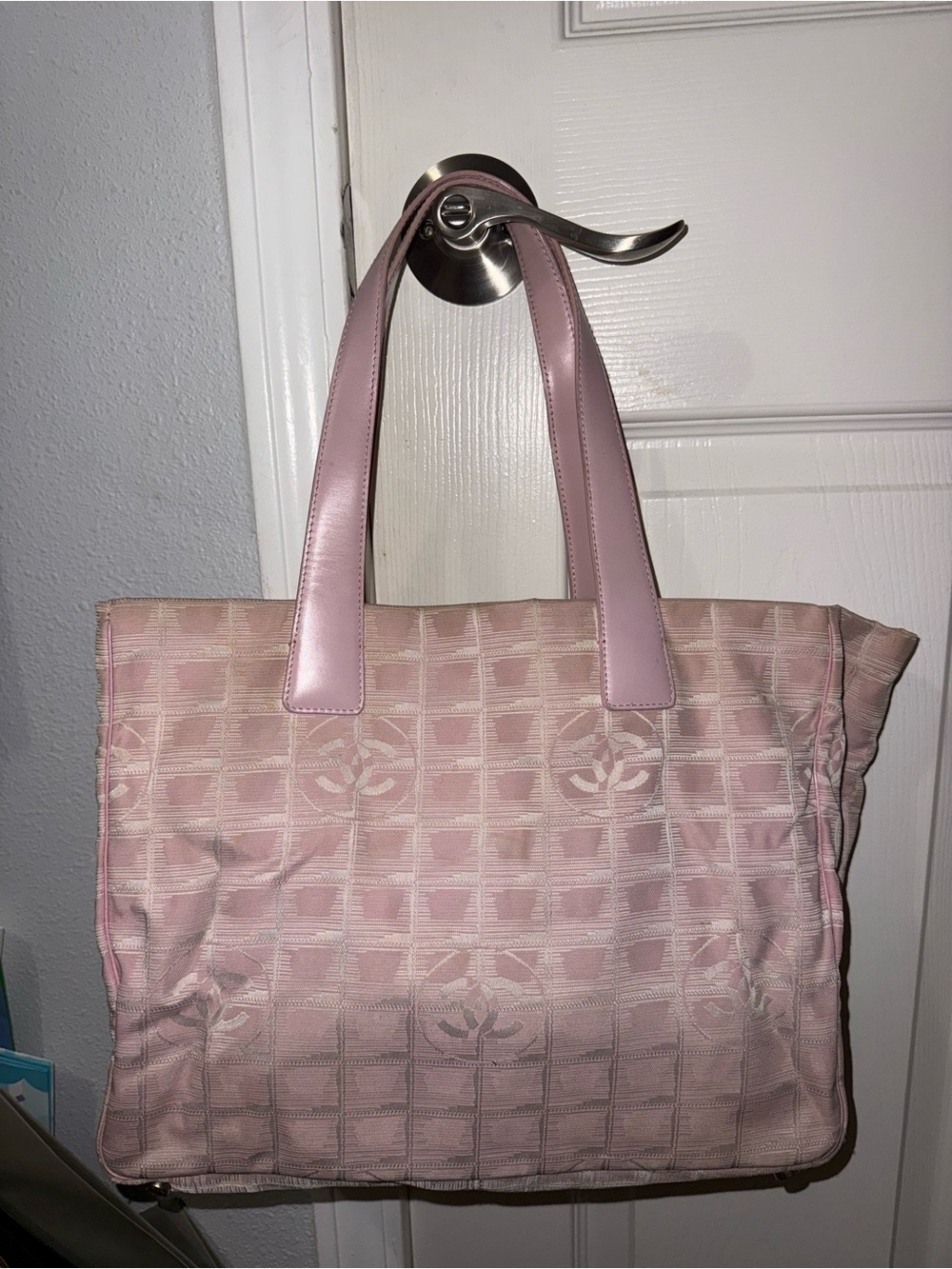 Vintage CHANEL Pink Signature Canvas Tote with Leather Handles